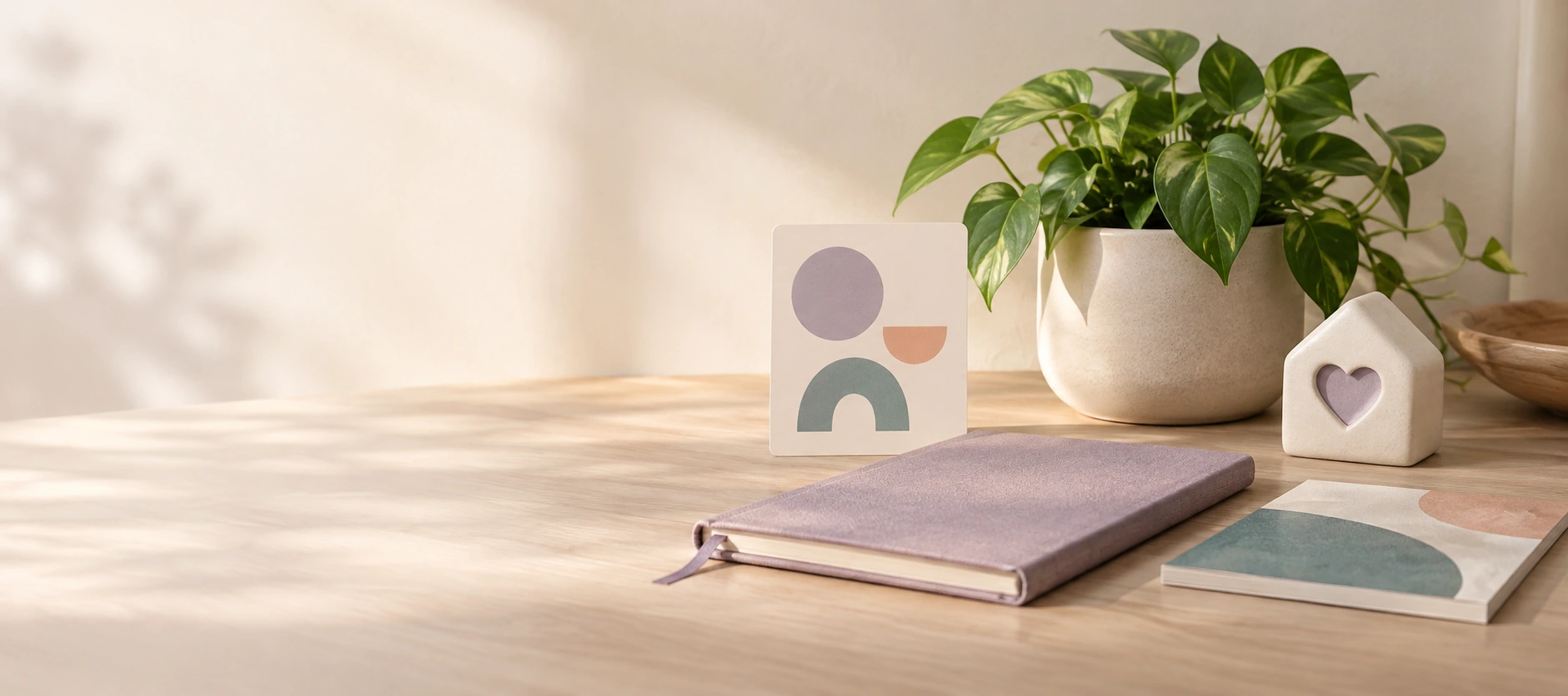 A warm home workspace with a visual-support card, lavender journal, learning material, small home-and-heart object, and plant