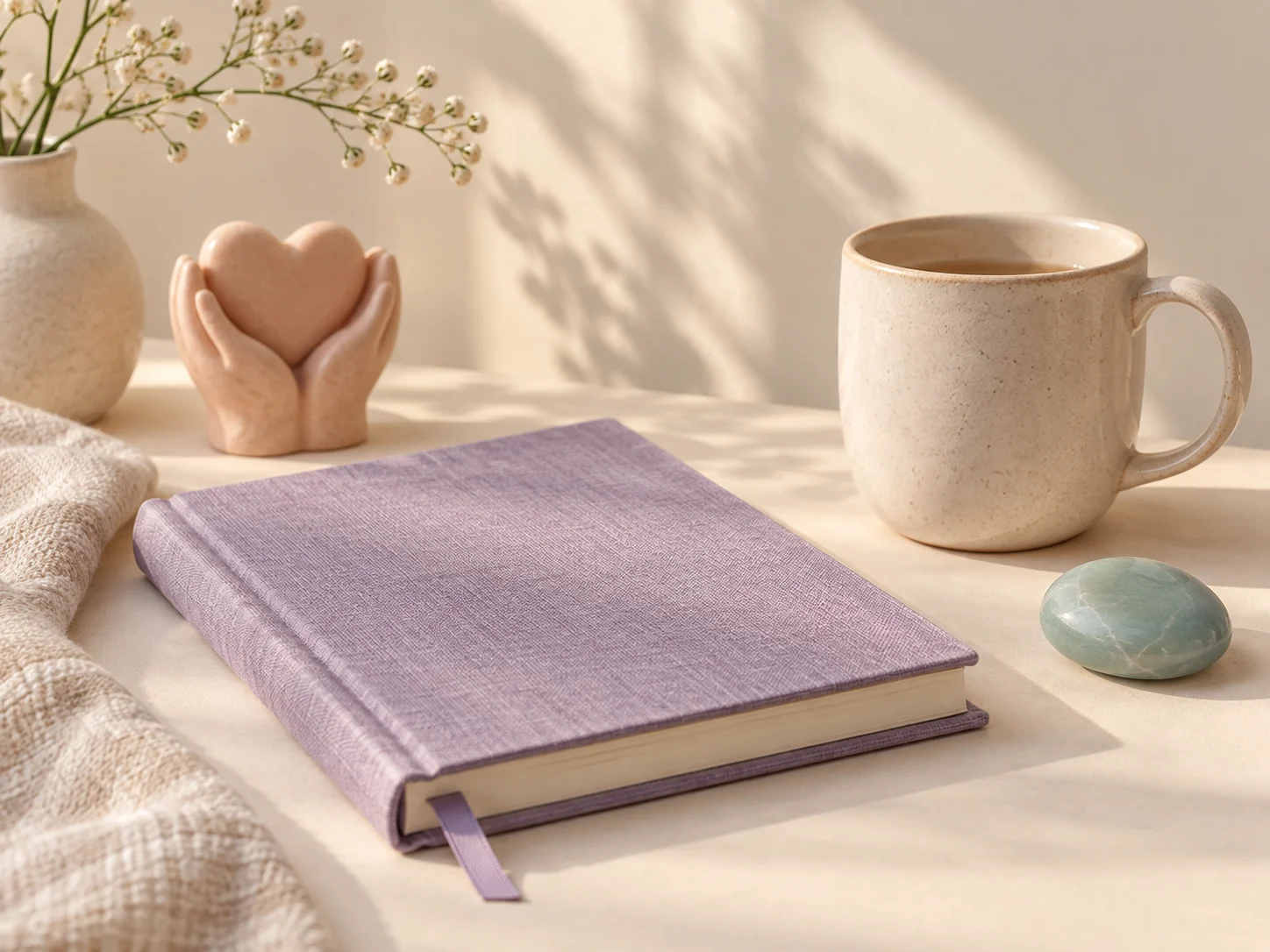 A journal, mug, and grounding objects for caregiver reflection and support