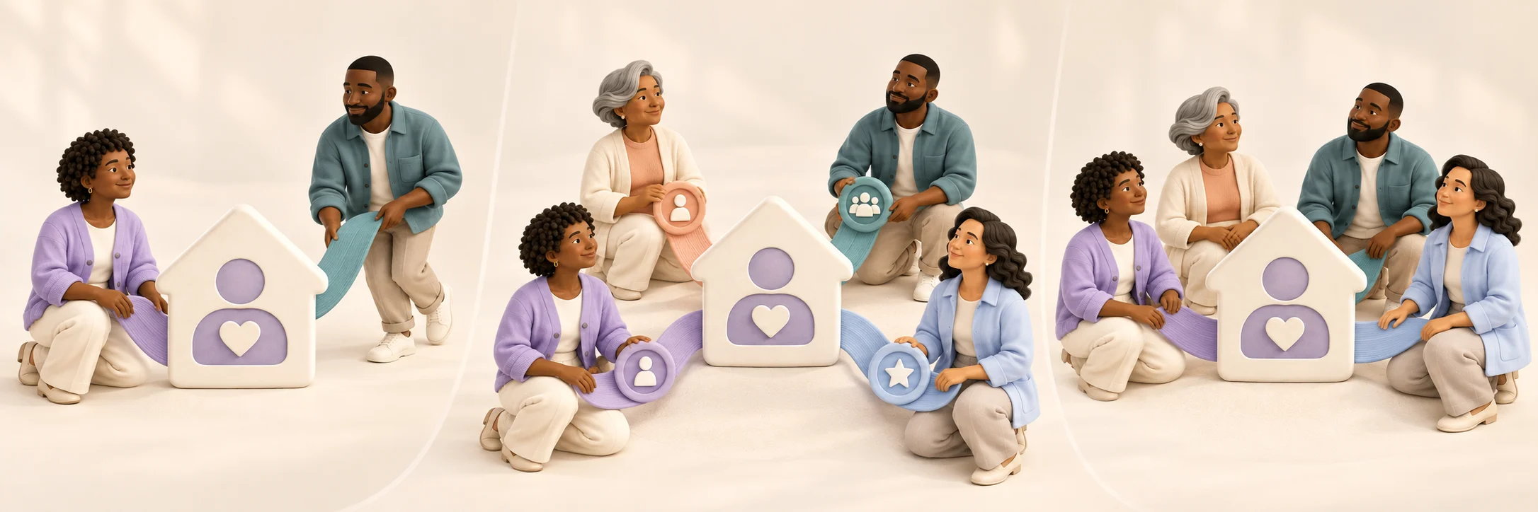 Three stages showing caregivers invited, given appropriate access, and connected around one child profile