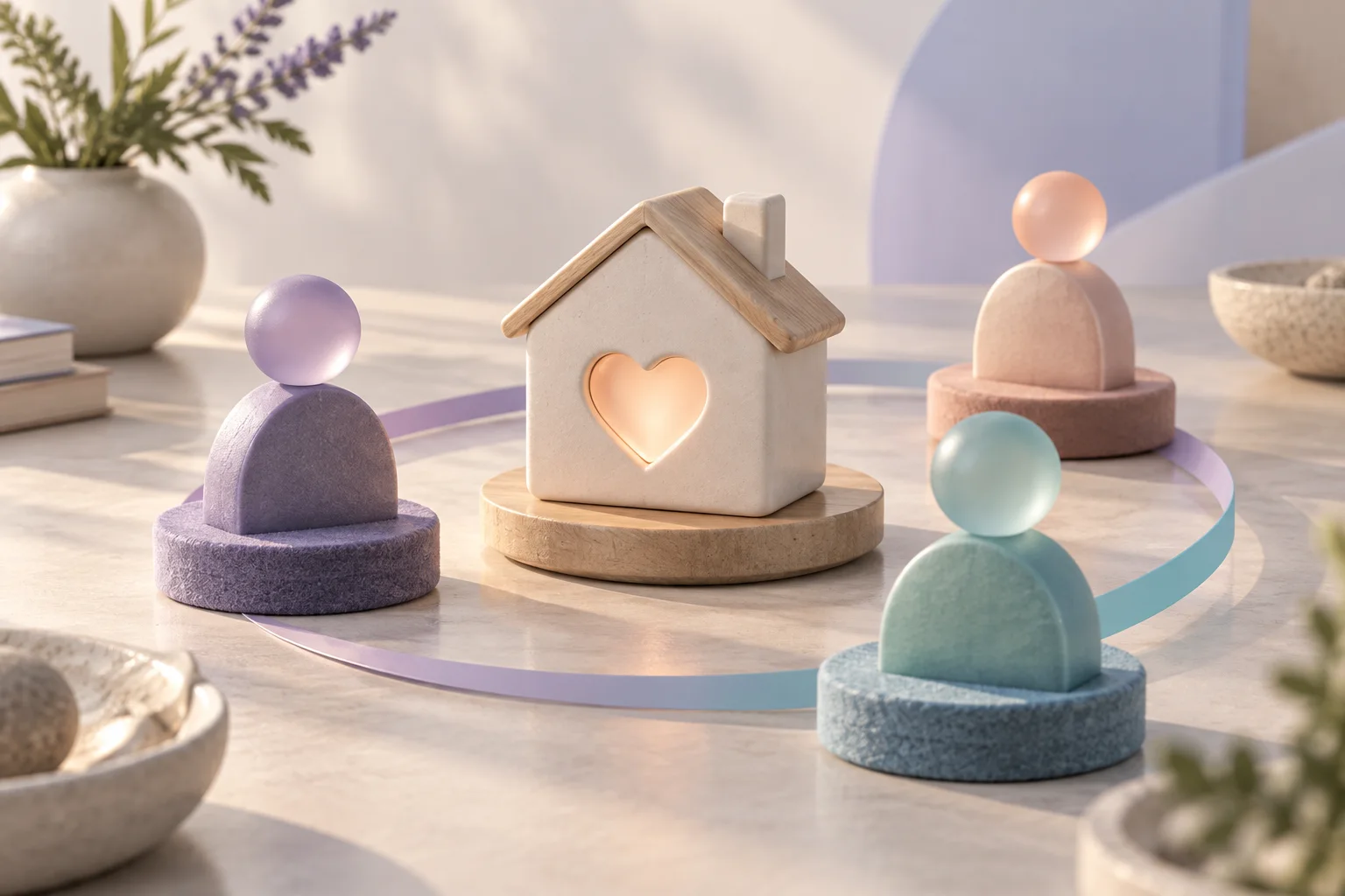 Sculptural caregiver markers gathered around a central home and heart
