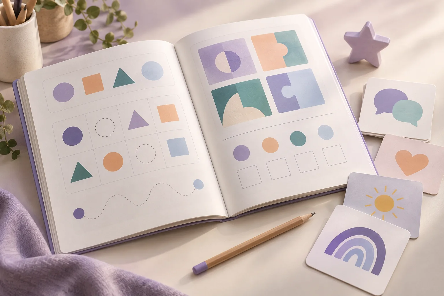 Open activity book with a pencil, learning cards, and a small star object