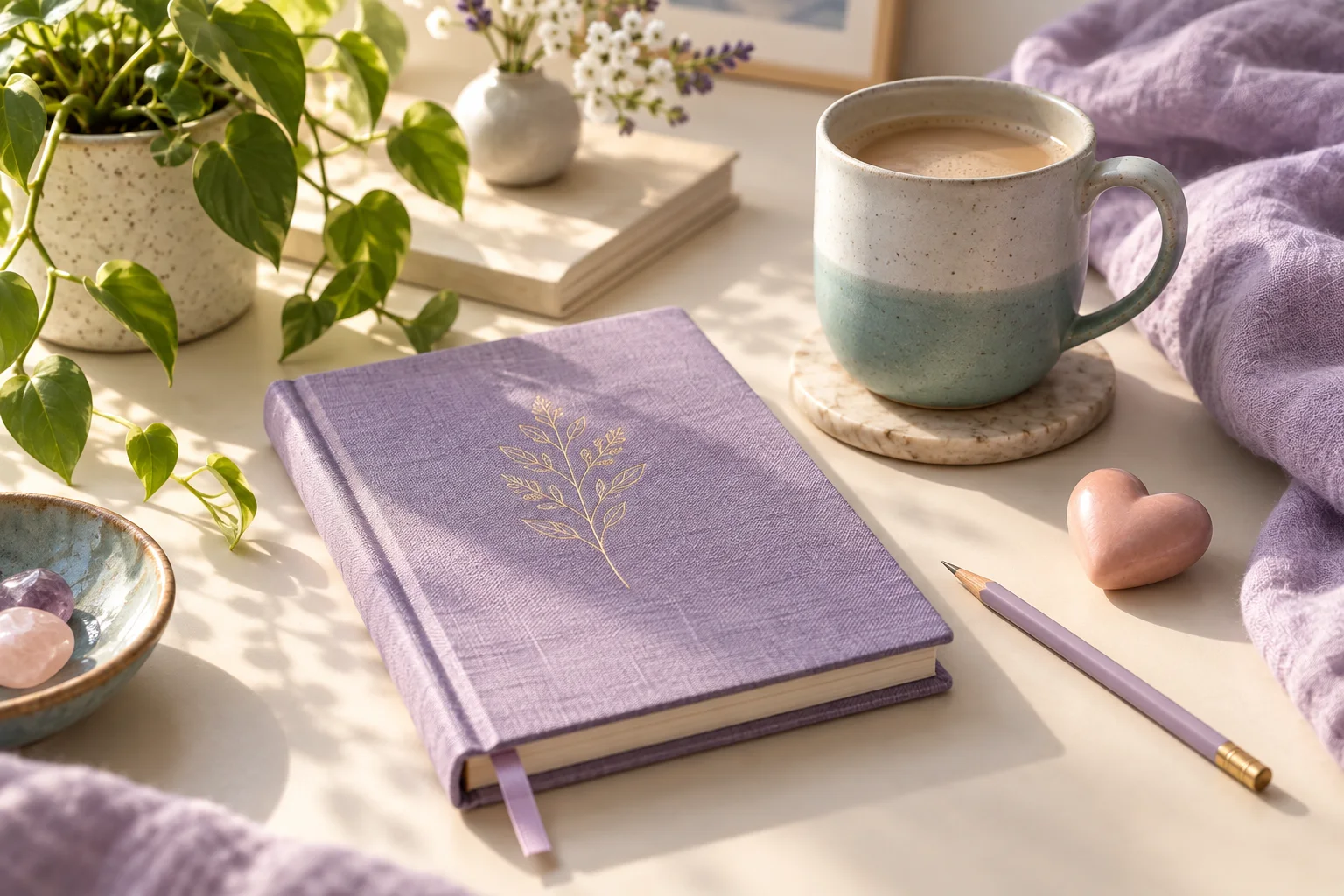 Calm caregiver still life with a lavender journal, ceramic mug, plant, pencil, and small heart object