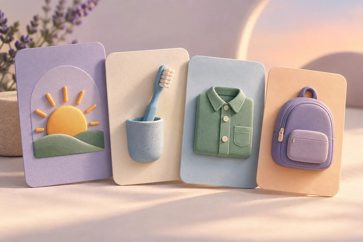 Dimensional morning routine cards showing wake up, brushing teeth, getting dressed, and packing a backpack