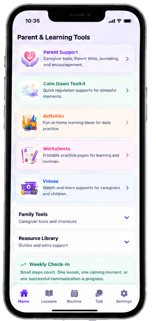 Official ABA at Home Parent and Learning Tools screen