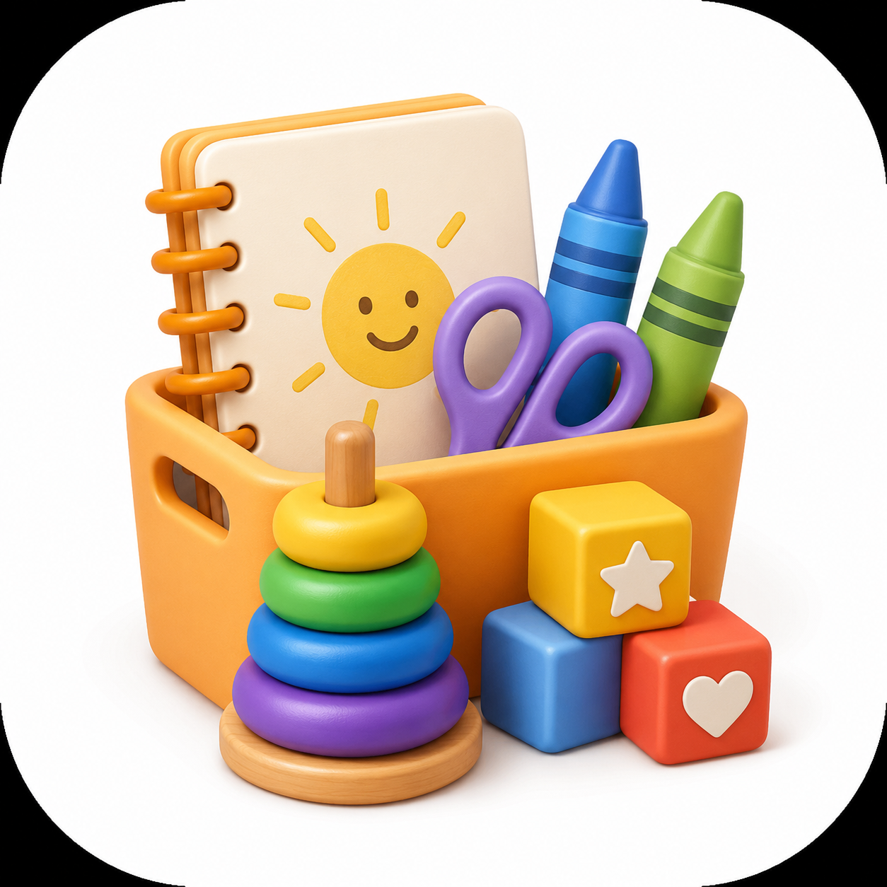 ABA at Home Daily Activities artwork with activity book, crayons, blocks, and learning toys
