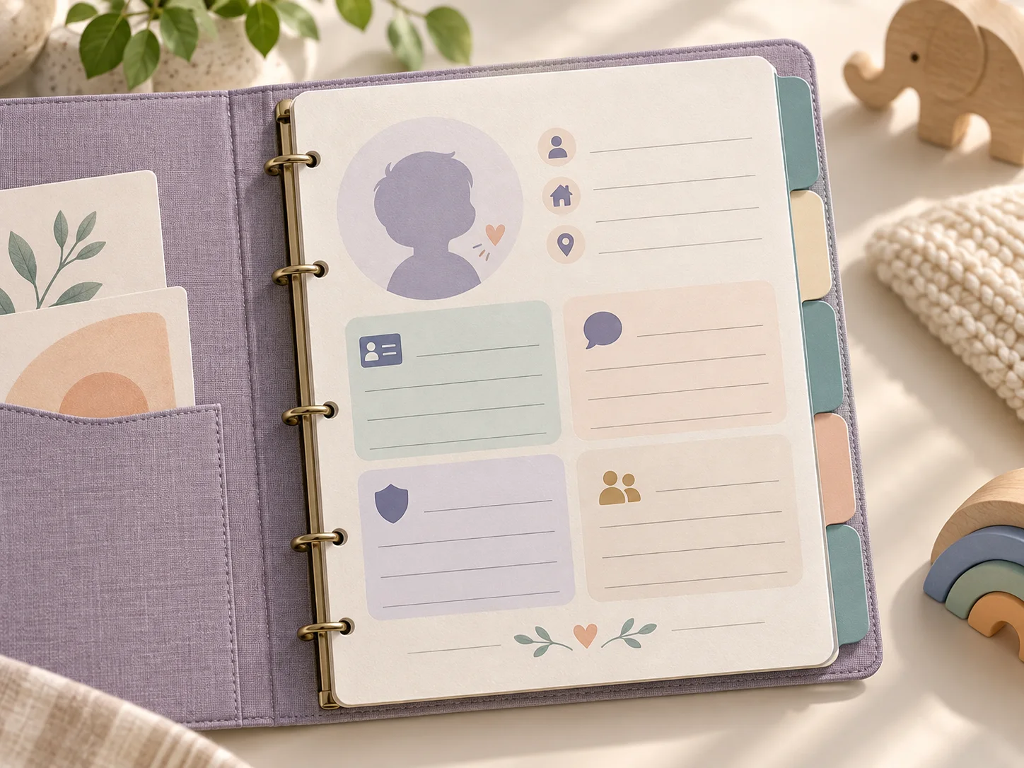 A premium physical child safety profile folio with organized information sections