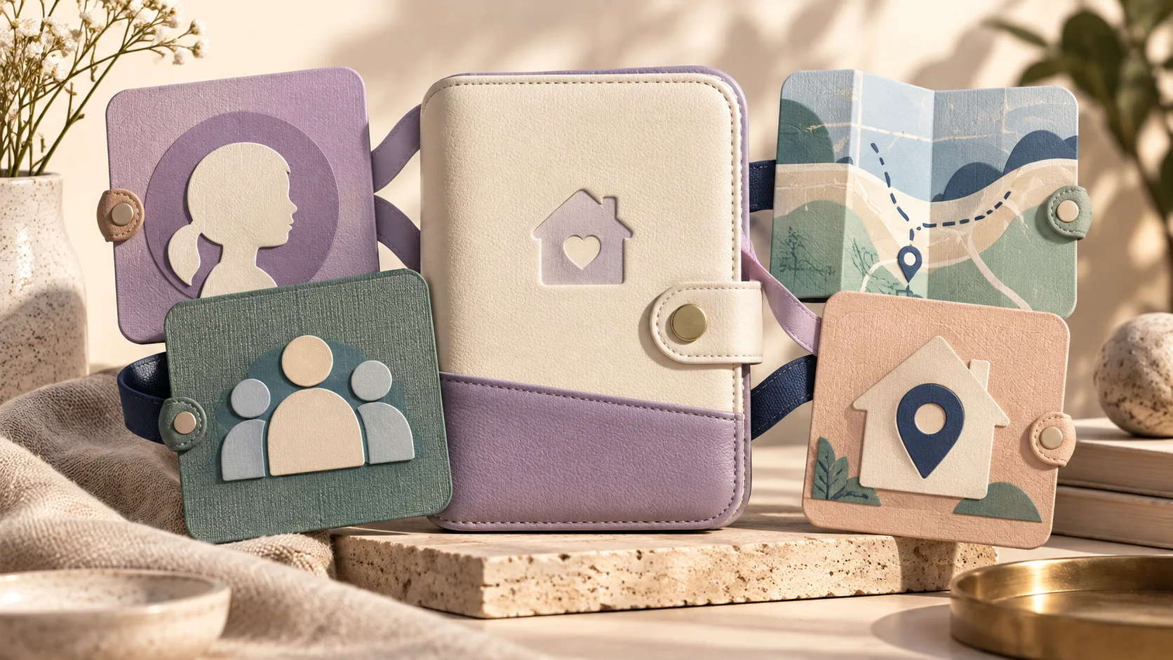 Four coordinated safety cards arranged around one central family safety organizer
