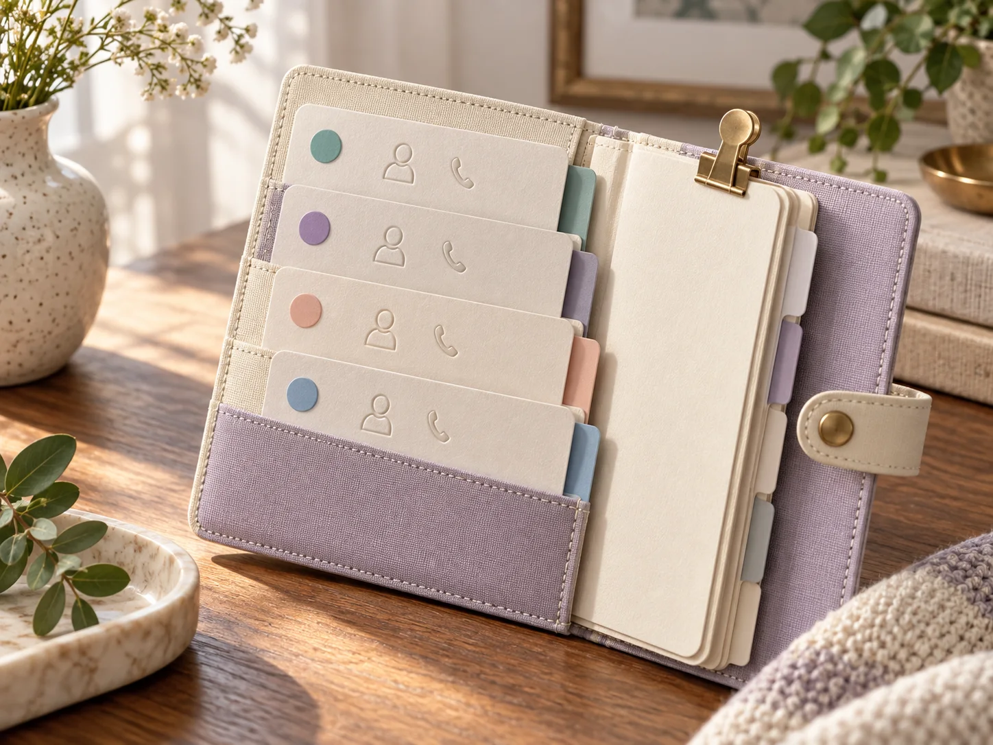 A lavender organizer holding several elegant caregiver contact cards