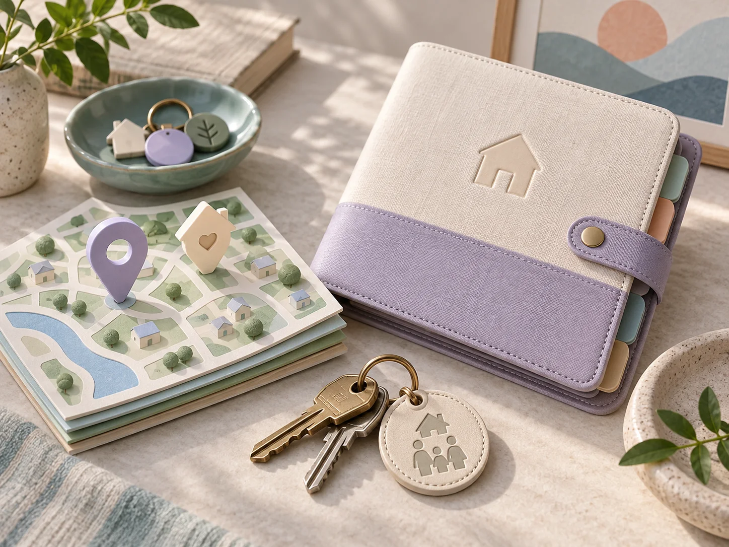A home marker, map, keys, and family location tag organized beside a safety folio
