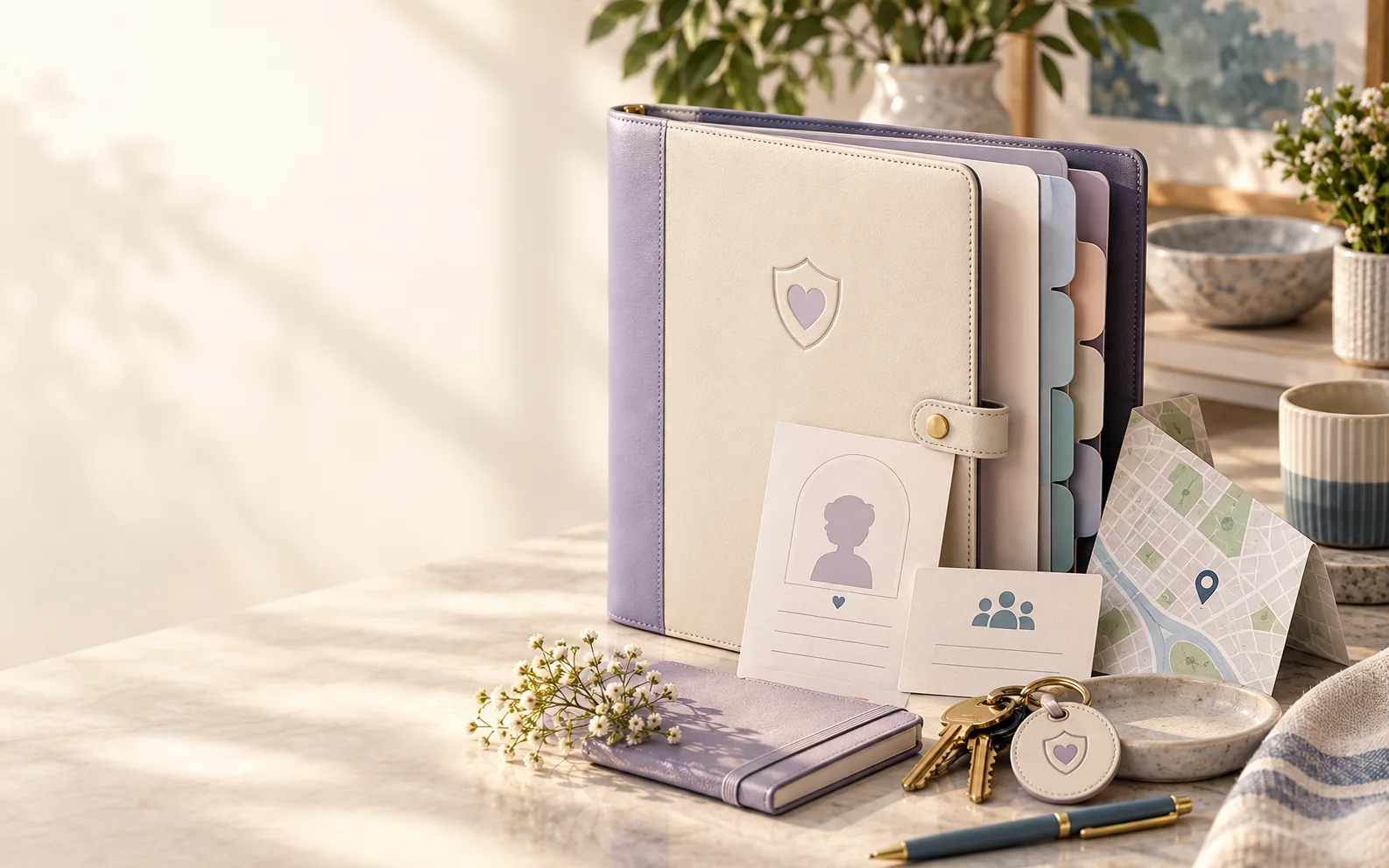 A calm family safety organizer with profile, contact, map, and location materials