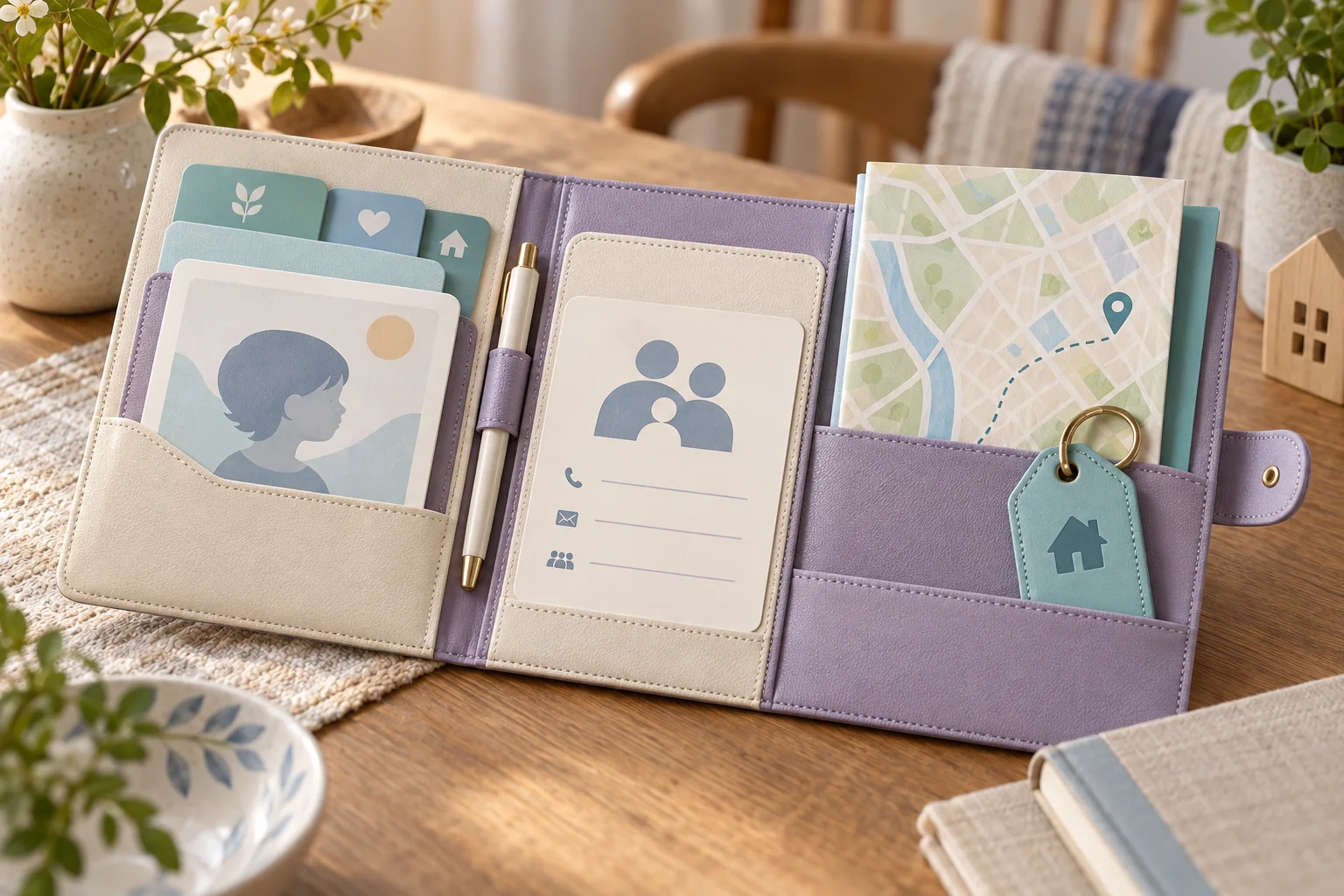 An open safety organizer with the child profile, contact card, and location information ready