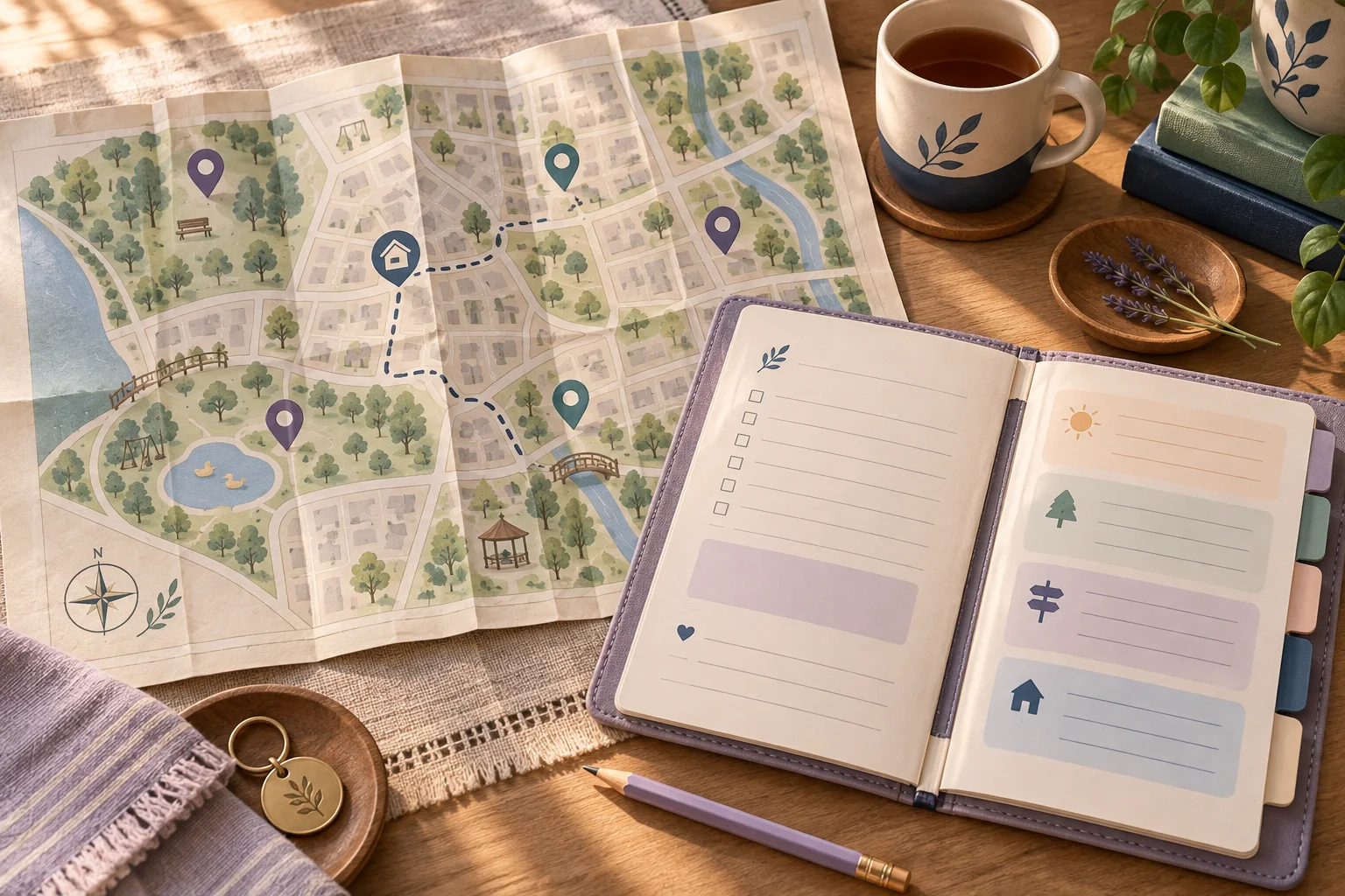 A folded neighborhood map and an organized wandering safety plan with calm location markers